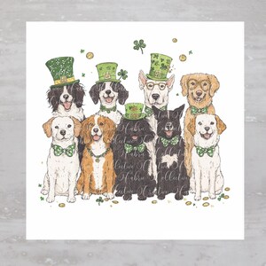 May include: A group of seven dogs wearing green shamrock hats and bow ties. The dogs are all different breeds and sizes, and they are all looking at the camera. There are green shamrocks and gold coins scattered around the dogs.
