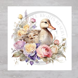 Spring Duck Floral Rose Quilting Fabric Panel A731, Quilting Square, Quilt Sewing Block, Clothing Applique Pillow Panel Crafting Fabric