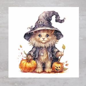 Halloween Witch Kitten And Pumpkins Fabric Panel A253, Craft Quilt Fabric, Quilt Sewing Block, Clothing Applique Panel, Junk Journal Fabric