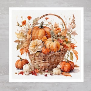 Autumn Harvest Floral Pumpkin Basket Fabric Panel A273, Craft Quilt Fabric, Quilt Sewing Block, Clothing Applique Panel, Junk Journal Fabric