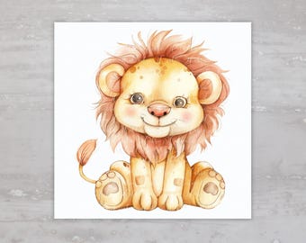 May include: A watercolor illustration of a cute cartoon lion cub with a fluffy mane. The lion cub is sitting with its paws tucked in and has a big smile on its face.