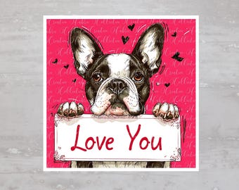French Bulldog Love You Valentines Fabric Panel A516, Quilting Square, Quilt Sewing Block, Clothing Applique, Panel Junk Journal Fabric
