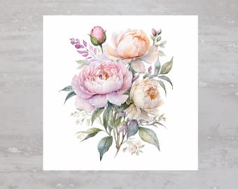 May include: A watercolor painting of a bouquet of pink and white peonies with green leaves.