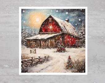 Farm House Winter Snow Fall Red Barn Fabric Panel A395, Quilting Square, Quilt Sewing Block, Clothing Applique Panel Junk Journal Fabric