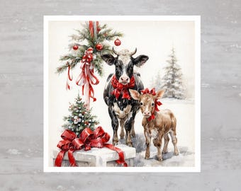 May include: Watercolor illustration of a cow and calf adorned with red bows, standing near a decorated Christmas tree. The cow is black and white, the calf is brown, and the scene is set in a snowy landscape.