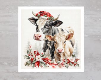 May include: Watercolor illustration of two cows, one wearing a Santa hat. The cow in front is light brown, and the cow in the back is black and white. The image is decorated with holly and red ribbon, with a winter forest background.