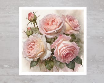 May include: Watercolor painting of a bouquet of pink roses in full bloom, with several buds and green leaves. The roses have soft, layered petals in shades of pink and cream, creating a delicate and romantic feel. The background is a soft, neutral color.