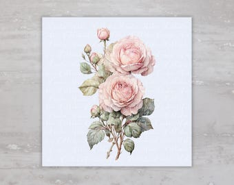 May include: A watercolor painting of a bouquet of pink roses with green leaves and stems on a white background.