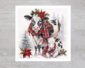 Traditional Christmas Farm Cows Fabric Panel A379, Quilting Square, Quilt Sewing Block, Clothing Applique Panel Junk Journal Fabric