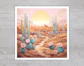 Boho Hot Desert Cactus Sunset Quilt Fabric Panel A129, Square Fabric Craft Sewing Quilt Block, Quilting Square, Clothing Applique Panel