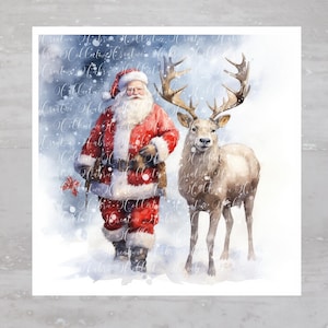 Santa With Deer Winter Christmas Fabric Panel A394, Quilting Square, Quilt Sewing Block, Clothing Applique Panel Junk Journal Fabric