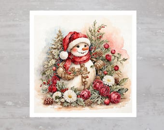 May include: A watercolor painting of a snowman wearing a red hat and scarf, surrounded by red roses, white flowers, and green foliage.