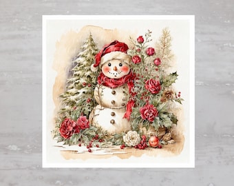 May include: A watercolor painting of a snowman wearing a red hat and scarf, surrounded by red roses and green foliage. The snowman is standing in front of a snowy pine tree.
