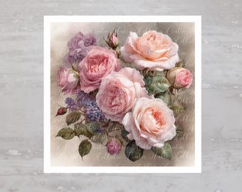 May include: A bouquet of pink and white roses with green leaves and purple berries. The roses are arranged in a cluster, with the pink roses in the center and the white roses around the edges.