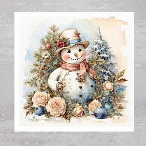 Chic Cottagecore Blue Winter Snowman Fabric Panel A460, Quilting Square, Quilt Sewing Block, Clothing Applique Panel Junk Journal Fabric