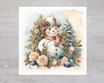 May include: A watercolor painting of a snowman wearing a blue and white hat and a pink scarf. The snowman is surrounded by white roses, blue berries, and green foliage.