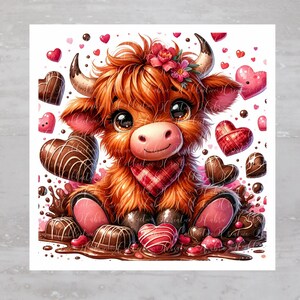 Sweet Candy Valentines Highland Cow Fabric Panel A525, Quilting Square, Quilt Sewing Block, Clothing Applique, Panel Junk Journal Fabric