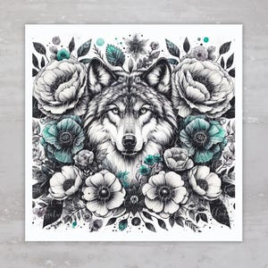 May include: A black and white illustration of a wolf's head surrounded by a variety of flowers in shades of white, gray, and teal.
