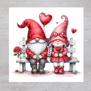 May include: A watercolour illustration depicts two gnomes on a bench. They wear red hats and coats. One gnome holds a red heart balloon, the other a red rose. Additional red roses and hearts are also visible.