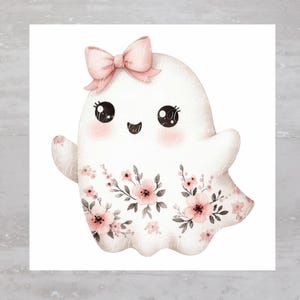 Cute Halloween Floral Pink Bow Ghost Fabric Panel A247, Craft Quilt Fabric, Quilt Sewing Block, Clothing Applique Panel, Junk Journal Fabric