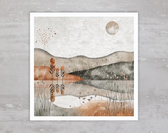 Minimalist Boho Desert Landscape Quilt Fabric Panel A126, Square Fabric Craft Sewing Quilt Block, Quilting Square, Clothing Applique Panel