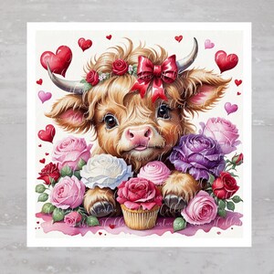May include: A cute Highland cow with a red bow and a flower crown is surrounded by pink, purple, and white roses and cupcakes. The background is a white surface with red hearts.