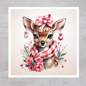 May include: A cute cartoon deer with a pink bow and scarf, surrounded by pink roses and holly berries. The deer has brown eyes and a pink nose.