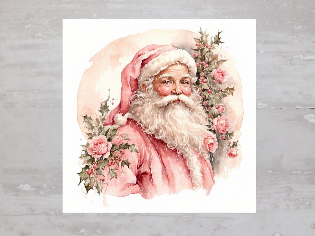 Santa With Roses Romantic Pink Shabby Santa With Roses Fabric Panel A401, Quilting ...