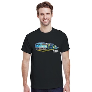 May include: A black t-shirt featuring a graphic of a blue and green train with the text "RSU" on the front.