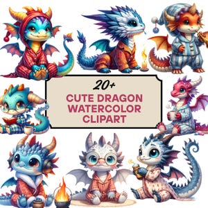 Lindo paquete de imágenes prediseñadas de dragón de acuarela / bebé dragón PNG, arte infantil de fantasía, dragón de dibujos animados caprichoso, descarga digital