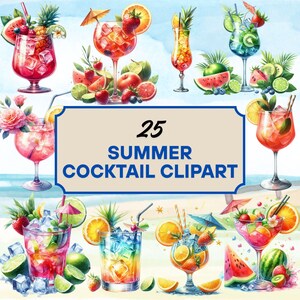 Cóctel de verano / Bebidas tropicales de acuarela PNG, Margarita, Mojito, Clip Art de fiesta en la playa, Descarga digital, 300 DPI