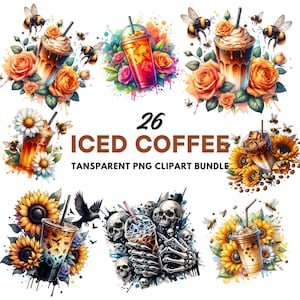 Pacote de Clipart de Café Gelado em Aquarela | Cold Brew, Frappuccino, Latte Art, Clima de Café | PNG Digital para Adesivos, Cardápios, Branding | PNG