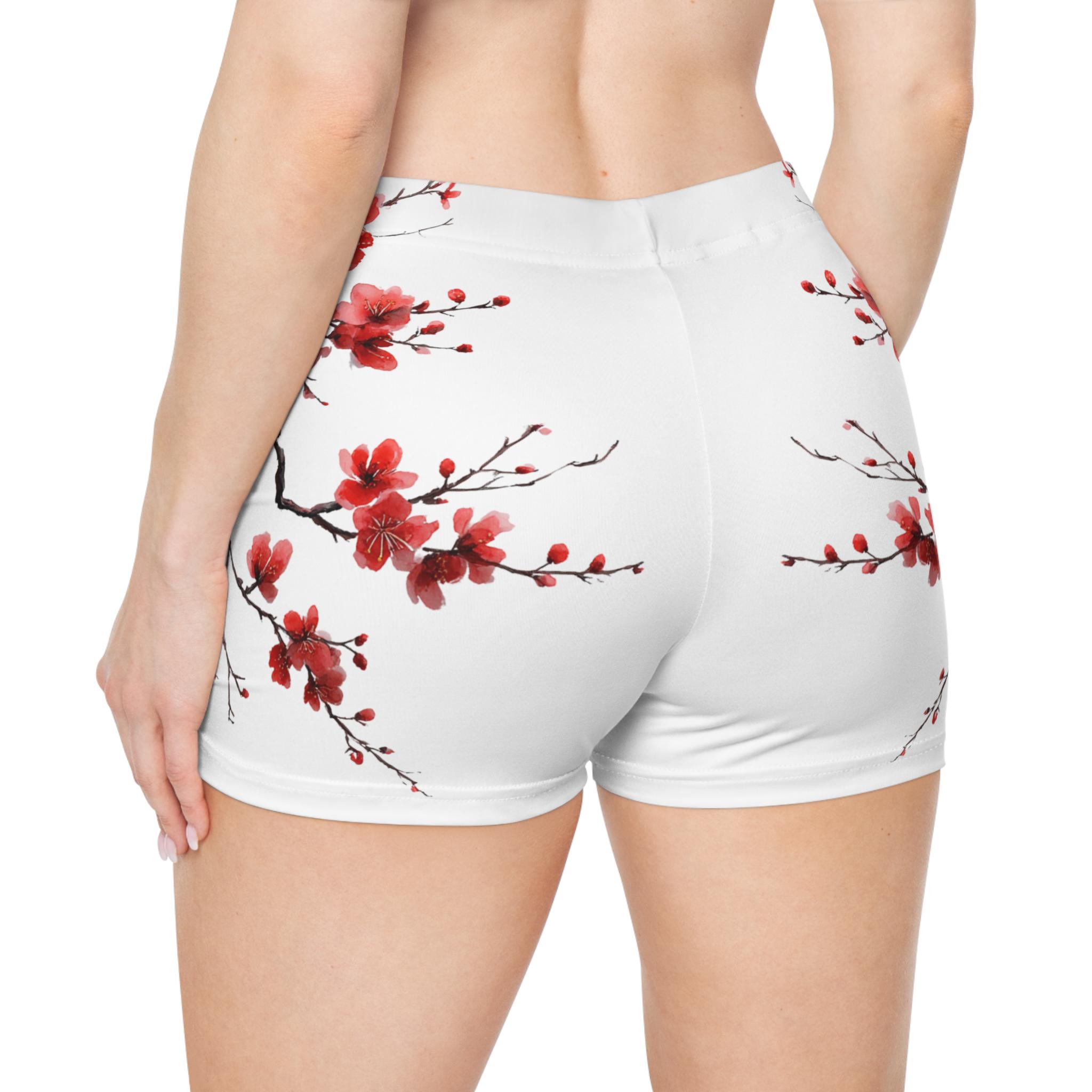 Red Roses Shorts Red Cherry Blossom Shorts | Watercolor Floral Print, Faux Suede Finish ...