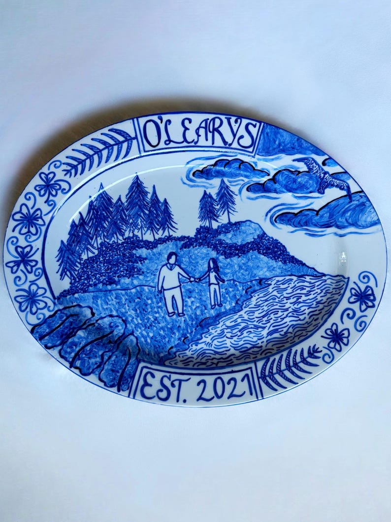 Ceramic Wedding Platter Blue and White Wedding Personalized Home Owner Handpainted Newlywed Anniversary Holiday Baby Bridal Shower Gift