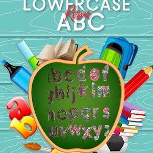 May include: An apple-shaped chalkboard displays the lowercase alphabet in a thin, resin design. The image is surrounded by school supplies, including a backpack, pencil, books, and a soccer ball. The text at the top reads "THIN LOWERCASE Resin ABC".