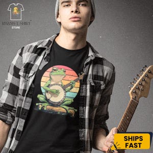 Camiseta de rana tocando el banjo - Camiseta retro de rana con dibujos al atardecer - Camiseta musical divertida - Regalo divertido de animales de la naturaleza para músicos y amantes de las ranas