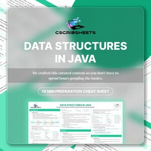 May include: A teal and white graphic with the text "DATA STRUCTURES IN JAVA" and "10 MIN PREPARATION CHEAT SHEET." The image includes a laptop icon and detailed information on data structures.