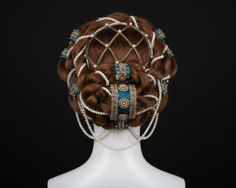 Renaissance Medieval Wig with Pearls and Fabric – Ready-to-Wear Styled Hair Accessory