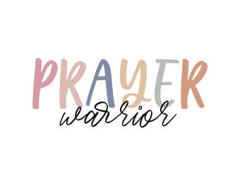 Könnte beinhalten: Ein farbenfrohes Grafikdesign mit dem Text "PRAYER warrior" in handschriftlicher Form. Das Wort "PRAYER" ist in einem Regenbogen von Farben gehalten, und das Wort "warrior" ist in Schwarz.