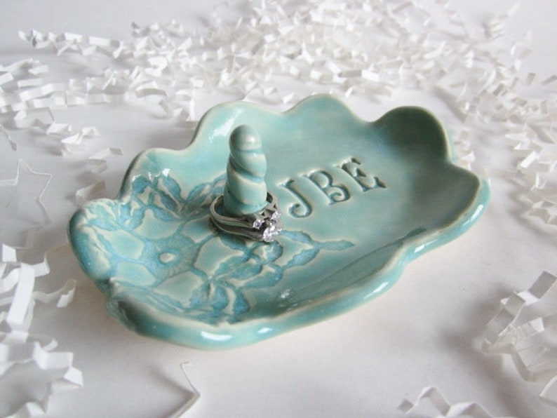 Personalized Ring Holder jewelry Dish gifts for weddings, anniversaries, birthdays, and bridal showers, in blue, green, white image 7