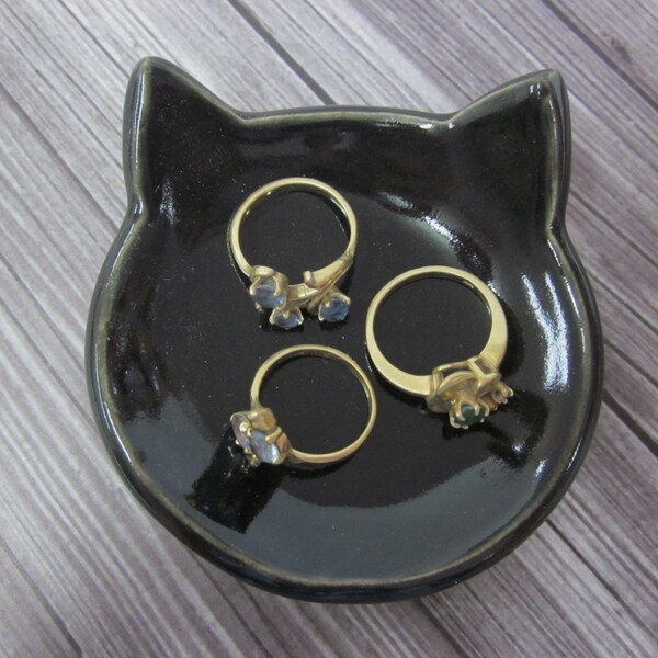 Ceramic Cat jewelry bowl, unique spoon rest, ring holder, Halloween black cat, ring dish, Black cat dish, teabag holder