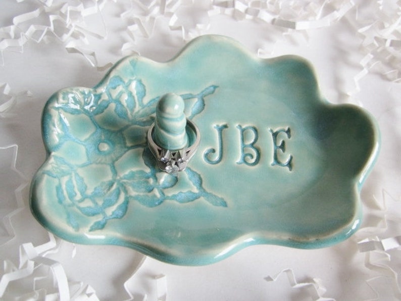 Personalized Ring Holder jewelry Dish gifts for weddings, anniversaries, birthdays, and bridal showers, in blue, green, white image 4