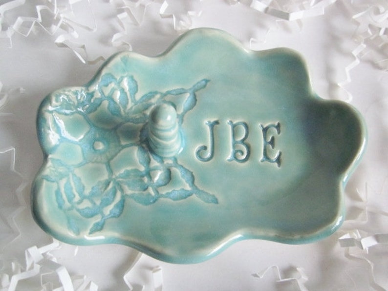 Personalized Ring Holder jewelry Dish gifts for weddings, anniversaries, birthdays, and bridal showers, in blue, green, white image 3