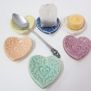 Heart Teabag holder, coffee bar teaspoon rest, candle holder, Handmade ceramic teaspoon holder, Ready To Ship image 2