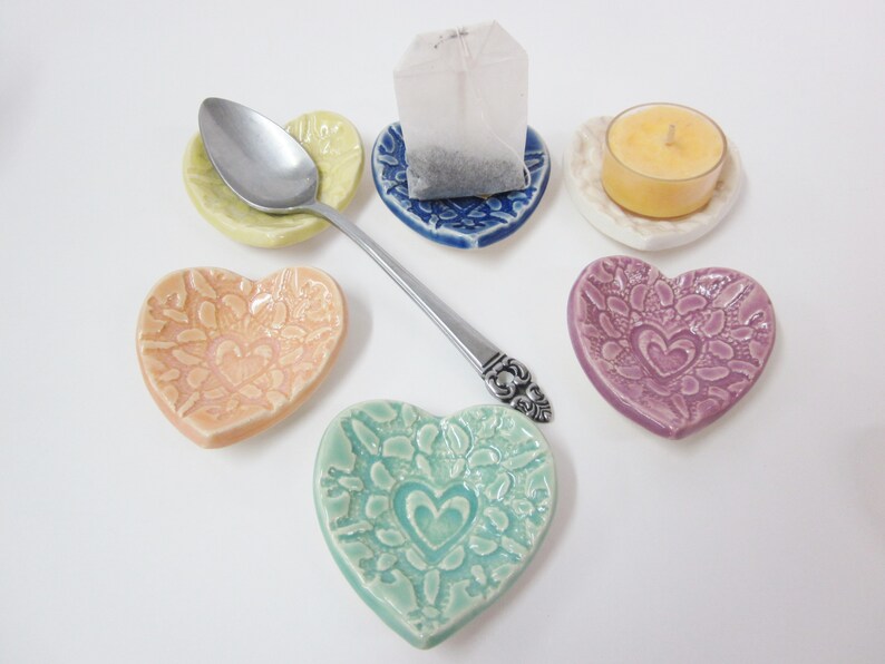 Heart Teabag holder, coffee bar teaspoon rest, candle holder, Handmade ceramic teaspoon holder, Ready To Ship image 2