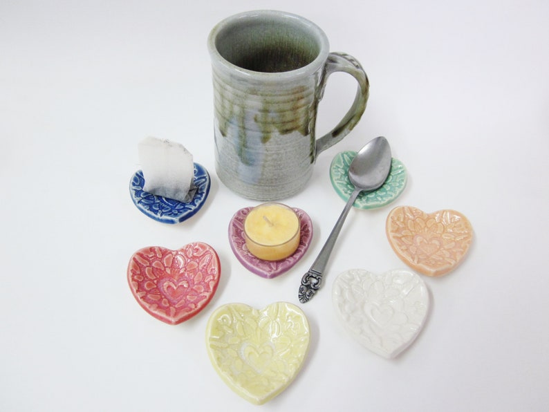 Heart Teabag holder, coffee bar teaspoon rest, candle holder, Handmade ceramic teaspoon holder, Ready To Ship image 3