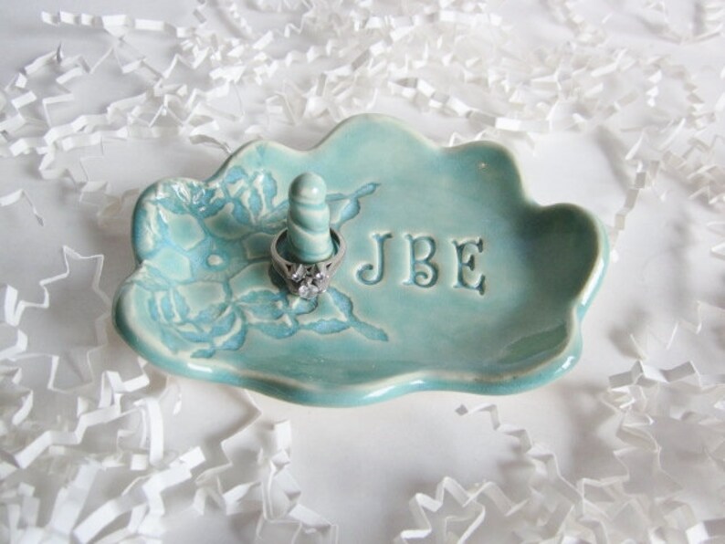 Personalized Ring Holder jewelry Dish gifts for weddings, anniversaries, birthdays, and bridal showers, in blue, green, white image 6