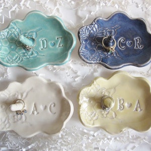 Personalized Ring Holder jewelry Dish gifts for weddings, anniversaries, birthdays, and bridal showers, in blue, green, white image 1