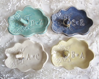 Personalized Ring Holder jewelry Dish gifts for weddings, anniversaries, birthdays, and bridal showers, in blue, green, white