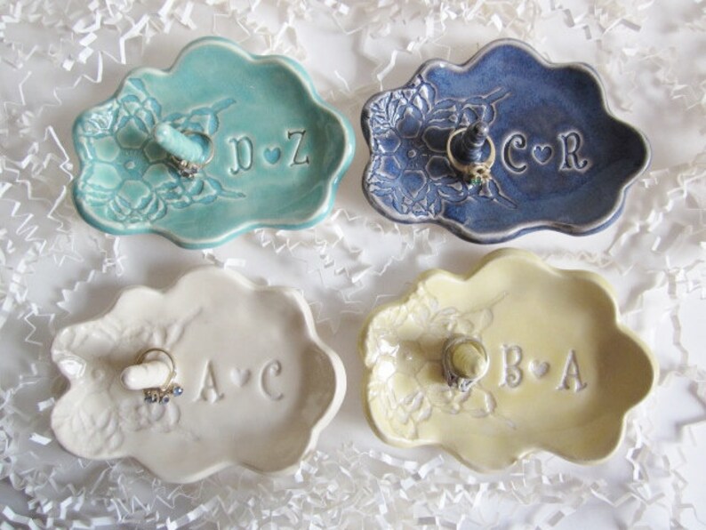 Personalized Ring Holder jewelry Dish gifts for weddings, anniversaries, birthdays, and bridal showers, in blue, green, white image 1